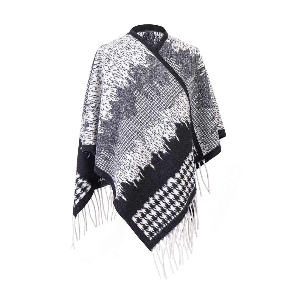 Wool Cloak Black And White Houndstooth Tassel Shawl