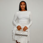 Elegant White Pleated Long Sleeved Dress