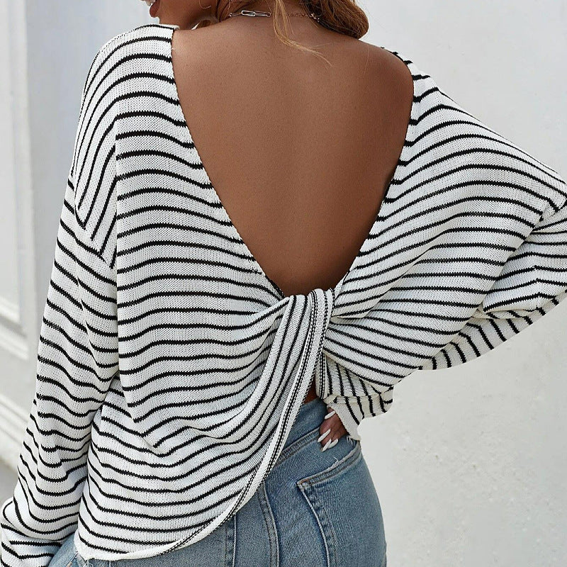 Women Striped Long Sleeve Sexy Backless Cross Women Top