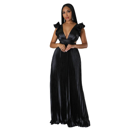 Backless Deep V Plunge Pleated Silk Dress