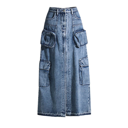 Cargo Front Slit Denim Skirt