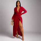 Red Pleated Slit Wrap Dress