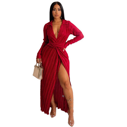 Slit Pleated Wrap Dress