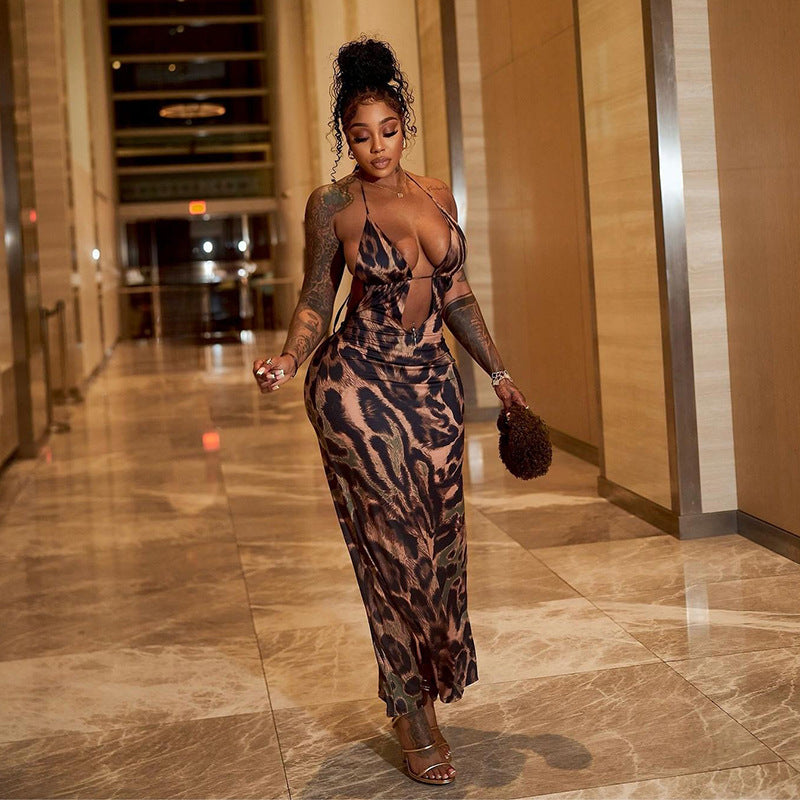 Halter Strap Cropped Backless Leopard Print Maxi Dress