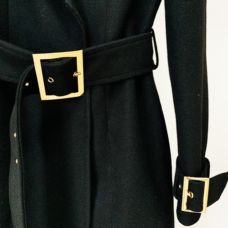 Goods Star Golden buckle Belt Style Woolen Coat