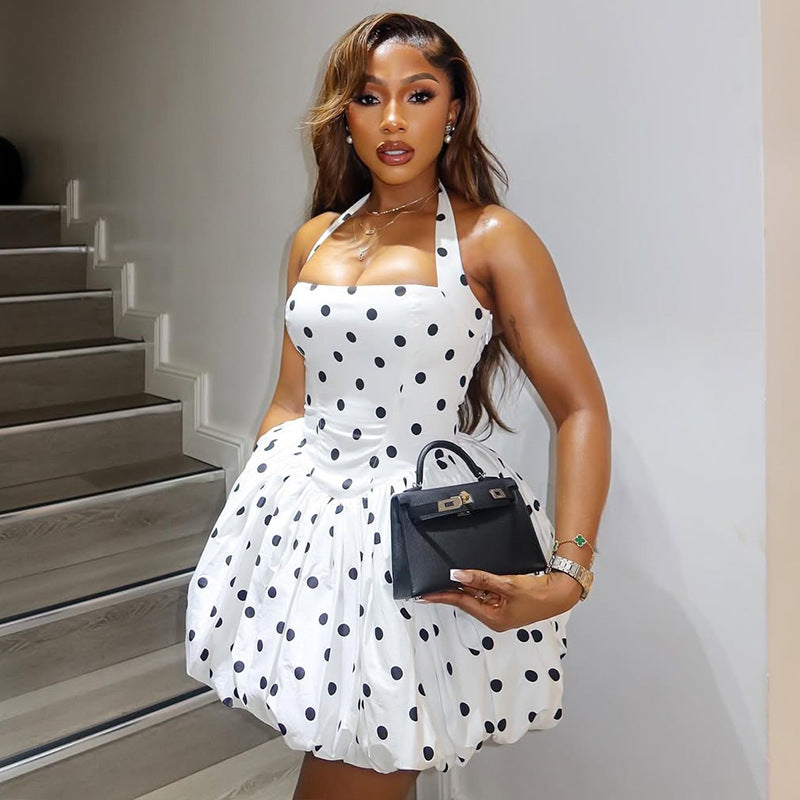 Polka Dot Halter Mini Ruched A-Line Dress
