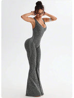 Leopard Print Cross Beauty Back Fitness Jumpsuit