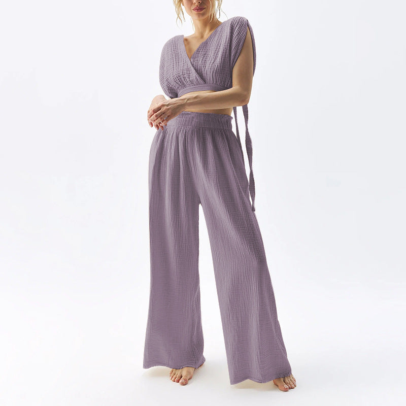 Double Layer Cotton Wide Leg Mopping Pants & Top