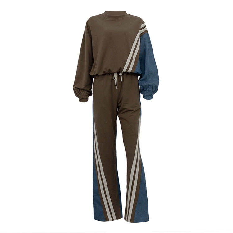 Autumn Winter Sports Contrast Color Striped Sweater Sets Pullover Top Drawstring Trousers Two Piece Set