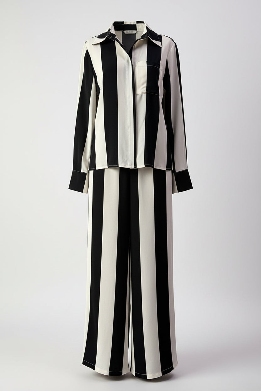 Black and white striped outfit on a mannequin with 'JZ' label against a white background
