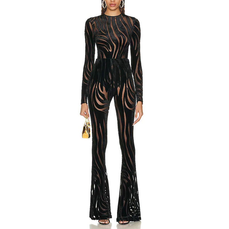 Lace Zebra Stripes Velvet Jumpsuit