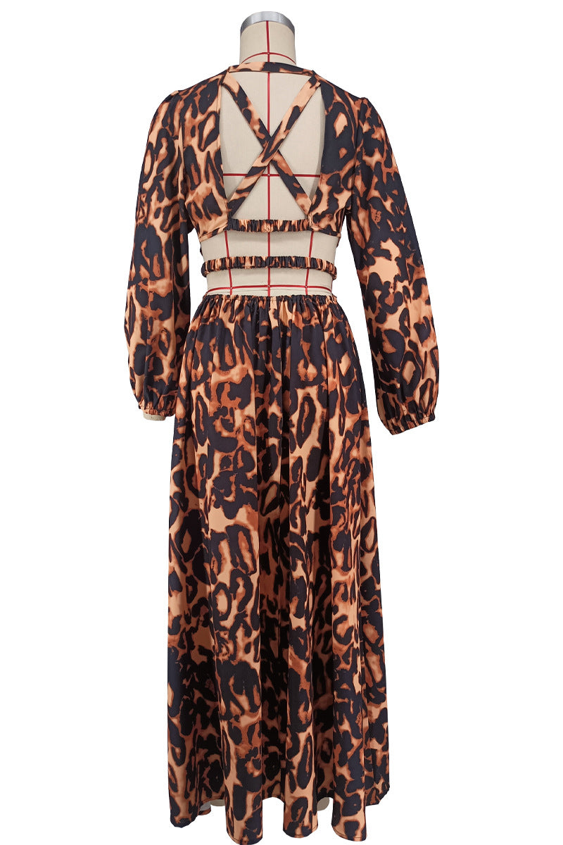 Backless Cropped Leopard Print Long Sleeve Dress