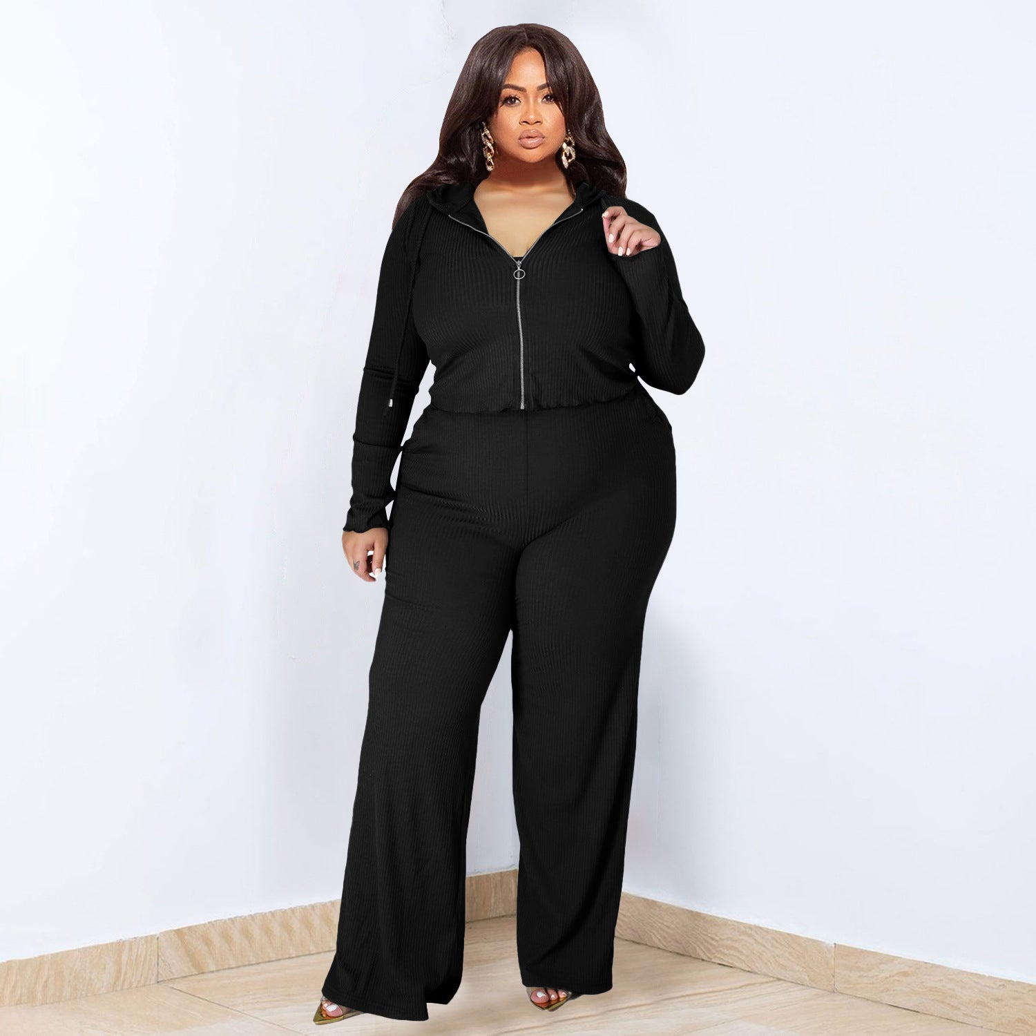 Plus Size High Elastic Sunken Stripe Three Piece Suit Sports Casual Sexy Women Clothing
