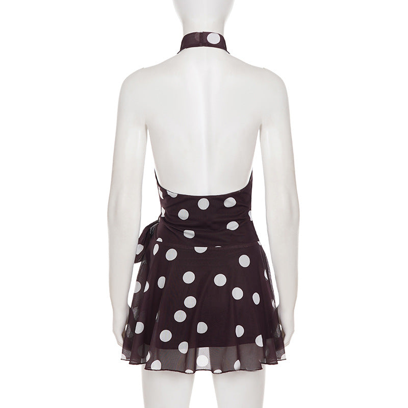 Retro Polka Dot Deep V Plunge Backless Vacation Dress