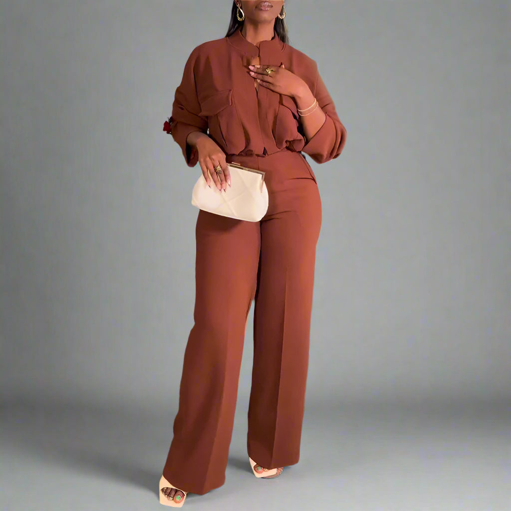 Casual Long Sleeve Top Wide Leg Suit