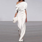 Off Neck Loose White Jumpsuit