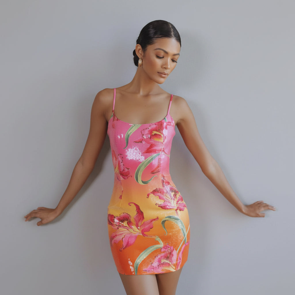 Suspender Sequined Printed Dress