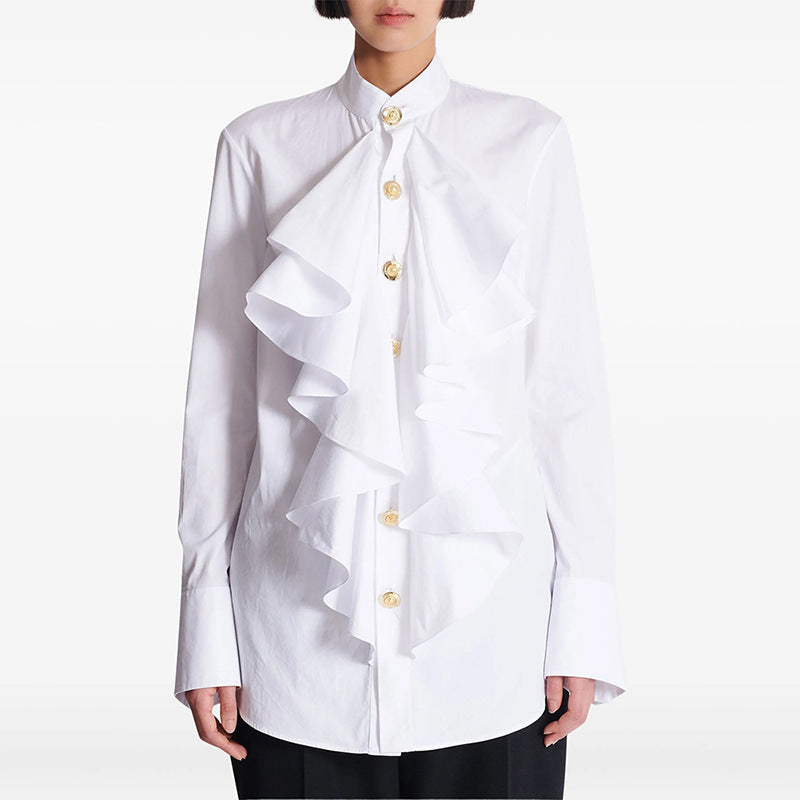 Slim Ruffle All Match White Sleeve Shirt