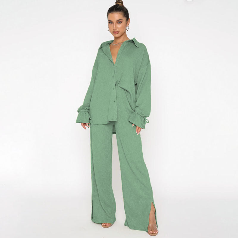 Single Breasted Long Sleeve Tied Top & Pants Set