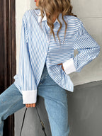 Autumn Striped Button Cardigan – Women's Casual Long Sleeve Shirt