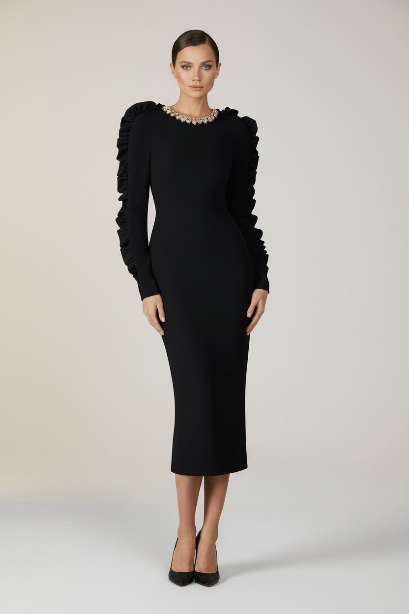 "Midnight Cascade Ruffle & Rhinestone Maxi Dress"