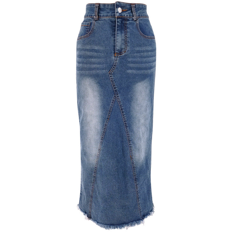 Fringed Sheath Fishtail Denim Skirt