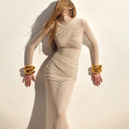 The Sheer Statement – Mesh Long Sleeve Ruched Maxi Dress