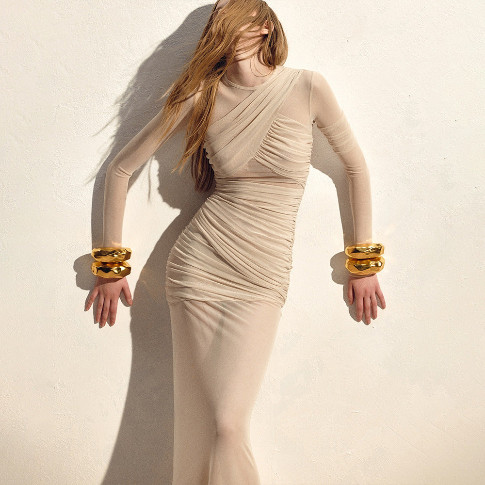 The Sheer Statement – Mesh Long Sleeve Ruched Maxi Dress