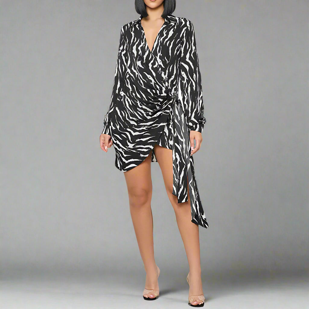 Printed Short V-neck Asymmetric Dress