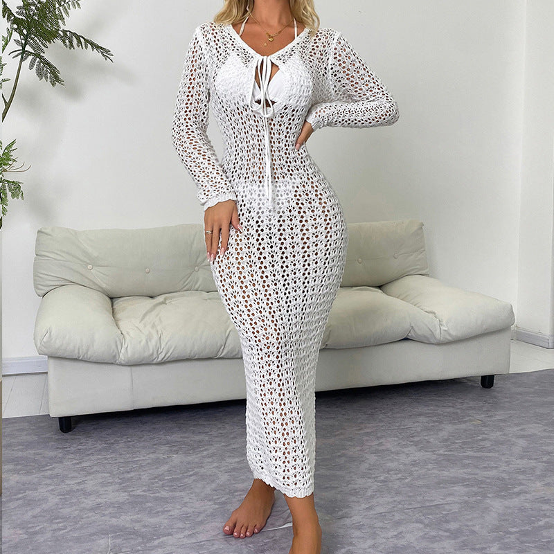 Beach Vacation Deep V Plunge Lace up Cutout Slim Fit Long Sleeve Dress Beach Sun Protection Blouse Dress