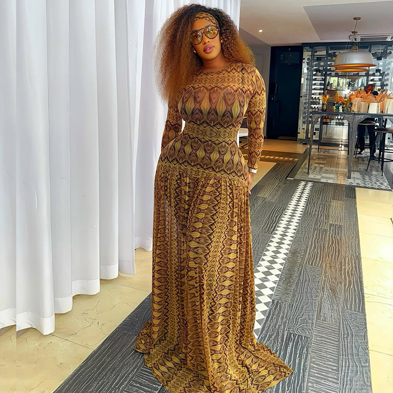 Elegant Retro Printing Micro A line Sheer Dress