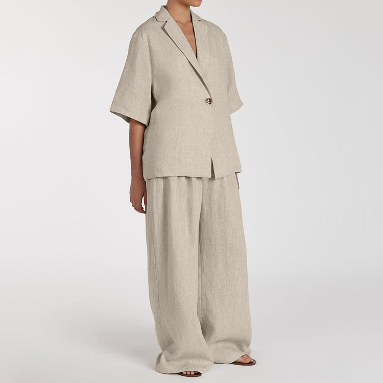 Linen Office Loose Top & Wide Leg Pants Set