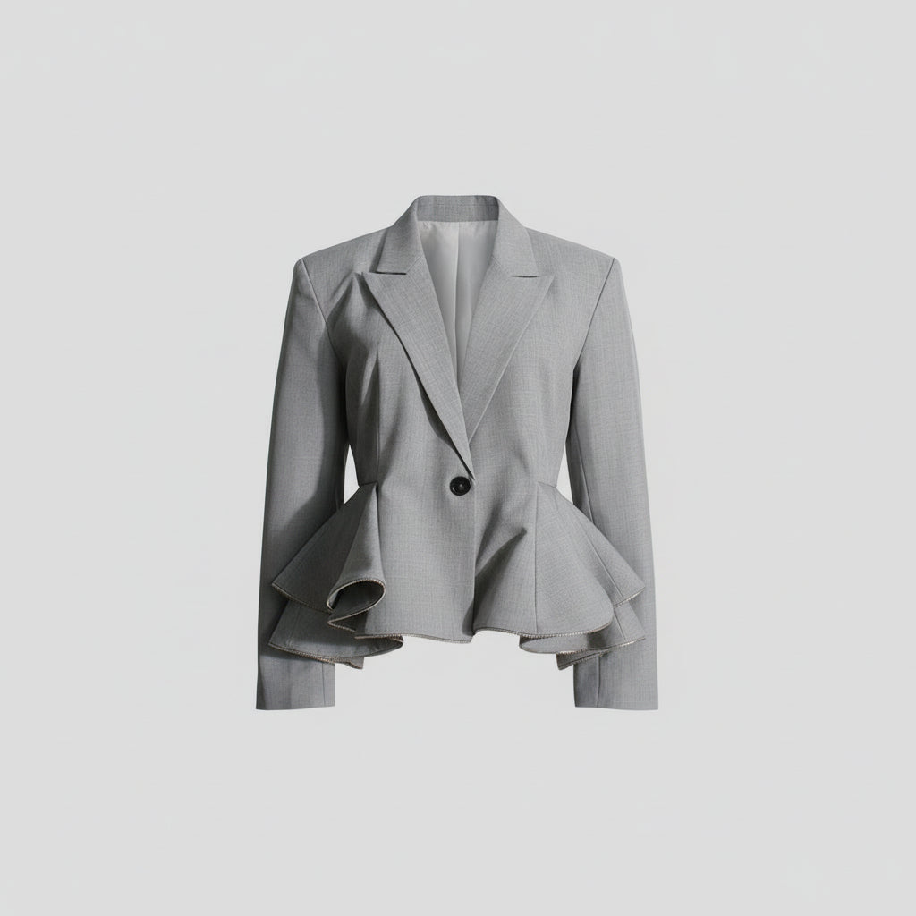 Gray Double Breasted Ruffled Waist Office Blazer
