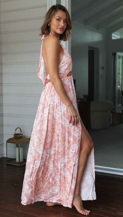 Printed Halter Type Pink Dress