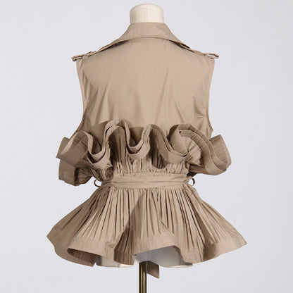 Khaki V neck Pleated Sleeveless Vest Shirt