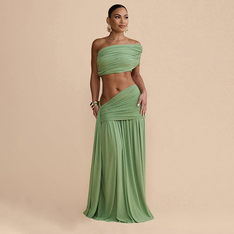 Spring Tube Top Ribbon Pleated Skirt Sets