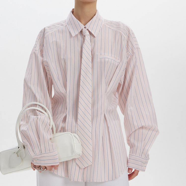 Long Sleeve Tie Cinched Striped Blouse