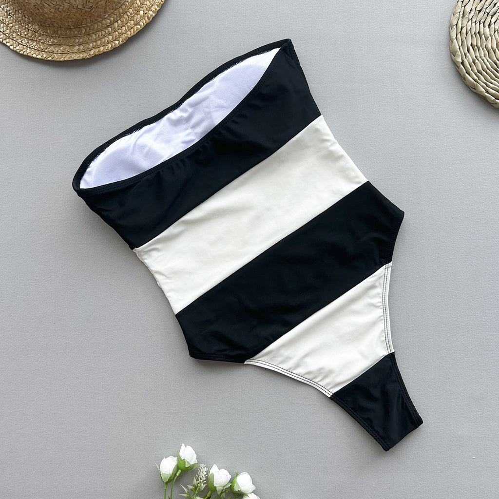 One Piece Black White Striped Swimsuit