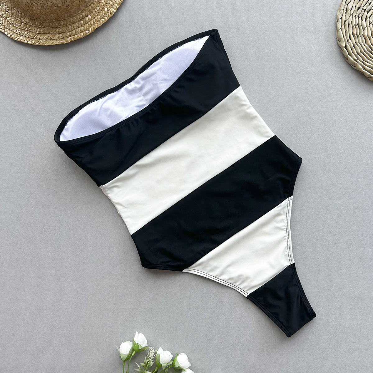 One Piece Black White Striped Swimsuit