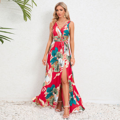 Pairs V Neck Slit Printed Dress