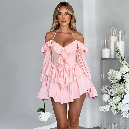 Halter Low Cut Ruffled Long Sleeve Romper