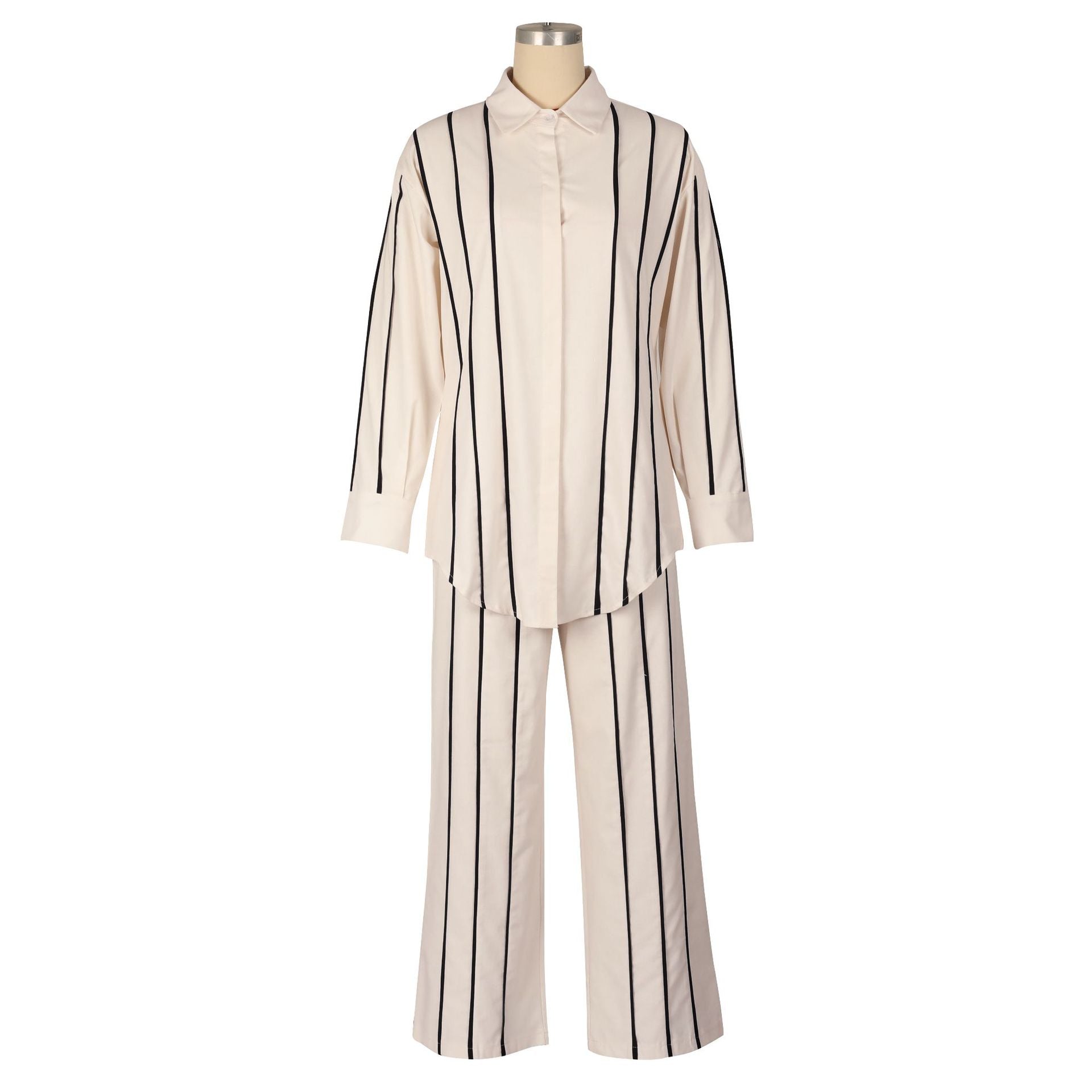 Mannequin wearing a beige and black striped outfit on a white background