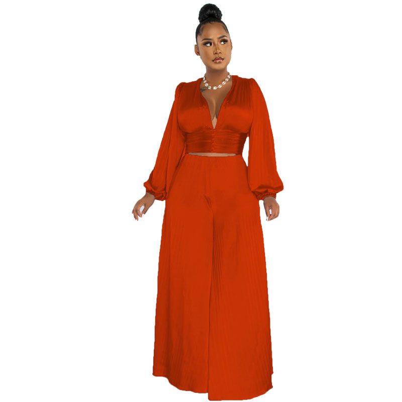 Pleated V-neck Top & Wide Leg Pants Sets