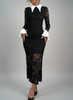 Black White Collared Office Lace Maxi Dress