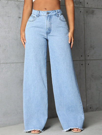 Women Clothing Mop High Waist Straight Wide Leg Jeans Trousers