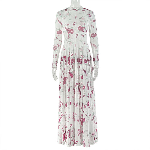 Pleated Floral A line Long Sleeve Dress