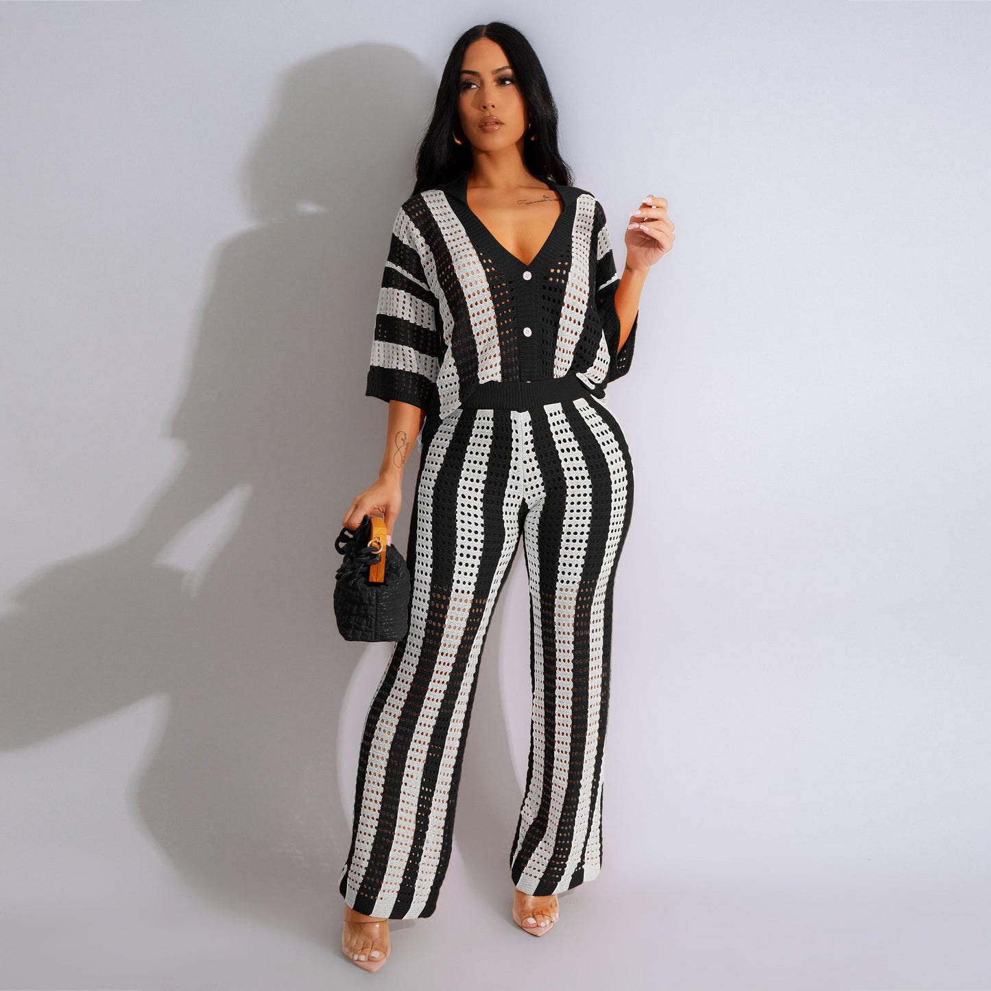 Black White Knitted Wide Blouse & Pants Sets