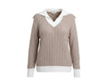 Beige sweater with white collar and cuffs on a white background