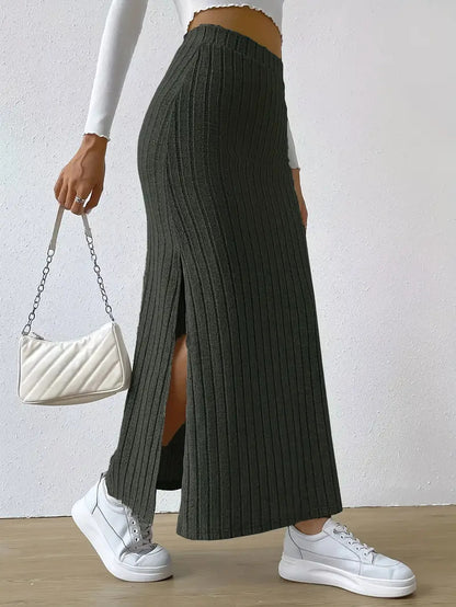 High Waist Side Slim Fit Slit Knitted Skirt Women