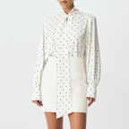 Ivory Polka Dot Satin Blouse – Elegant Long Sleeve Tie Shirt
